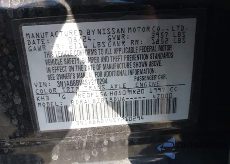 2025 Nissan Sentra S from USA, damaged, VIN 3N1AB8BV4SY210294